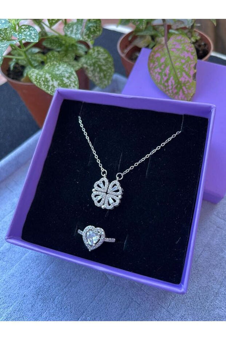 Steel Heart Clover Necklace & Heart Ring Set - Valentine's Gift