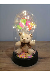 Illuminated Teddy Bear & Heart Balloons Glass Dome