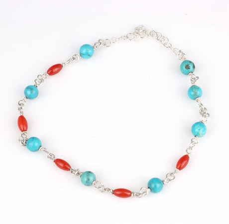 925 Sterling Silver Turquoise & Coral Anklet - Coastal Charm