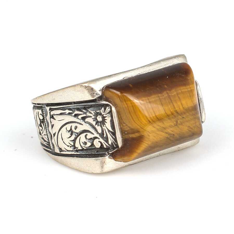 925 Sterling Silver Tiger's Eye Men's Ring - Rectangular Design
