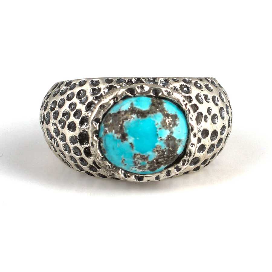 925 Sterling Silver Oval Turquoise Men's Ring with Engravings