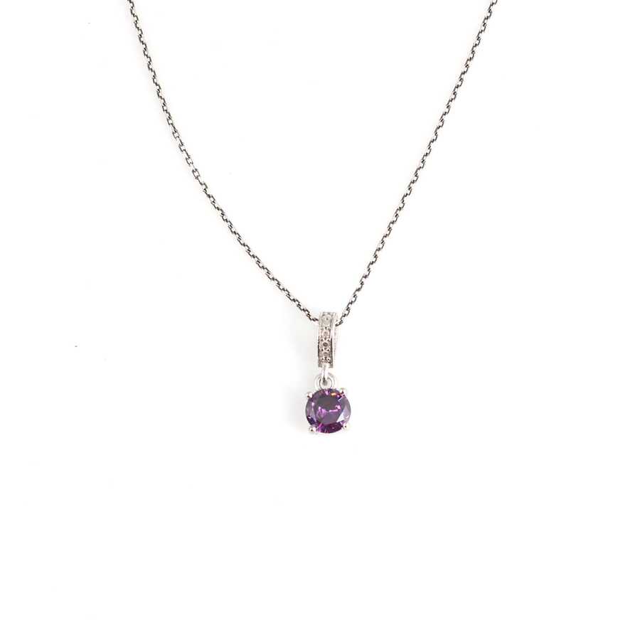 925 Sterling Silver Round Amethyst Color Zircon Pendant Necklace