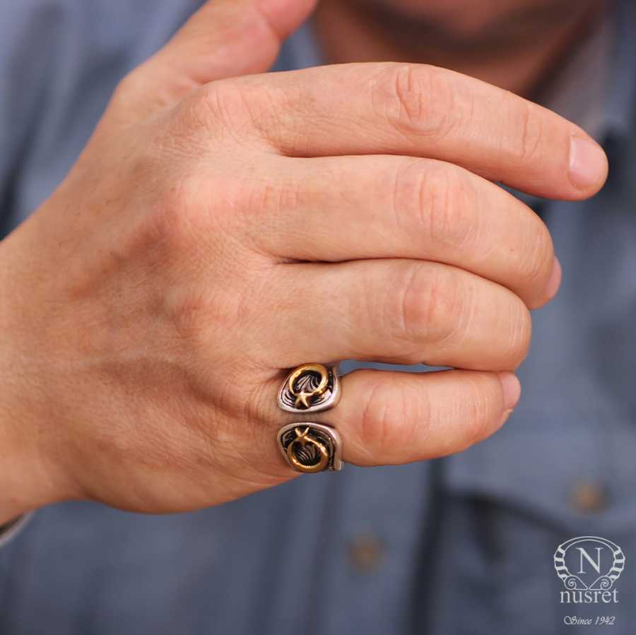 Bague pour homme en argent sterling - Croissant et étoile gravés à la main