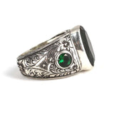 Hand-Engraved 925 Sterling Silver Men's Ring with Synthetic Emerald