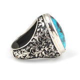Sterling Silver Men's Ring - Oval Real Turquoise & Hand-Engraved
