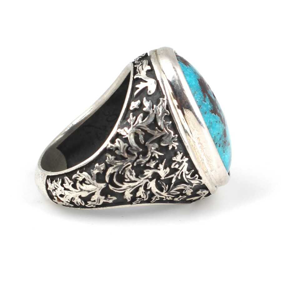 Sterling Silver Men's Ring - Oval Real Turquoise & Hand-Engraved