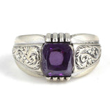 Sterling Silver Emerald Cut Amethyst Patterned Mens Ring