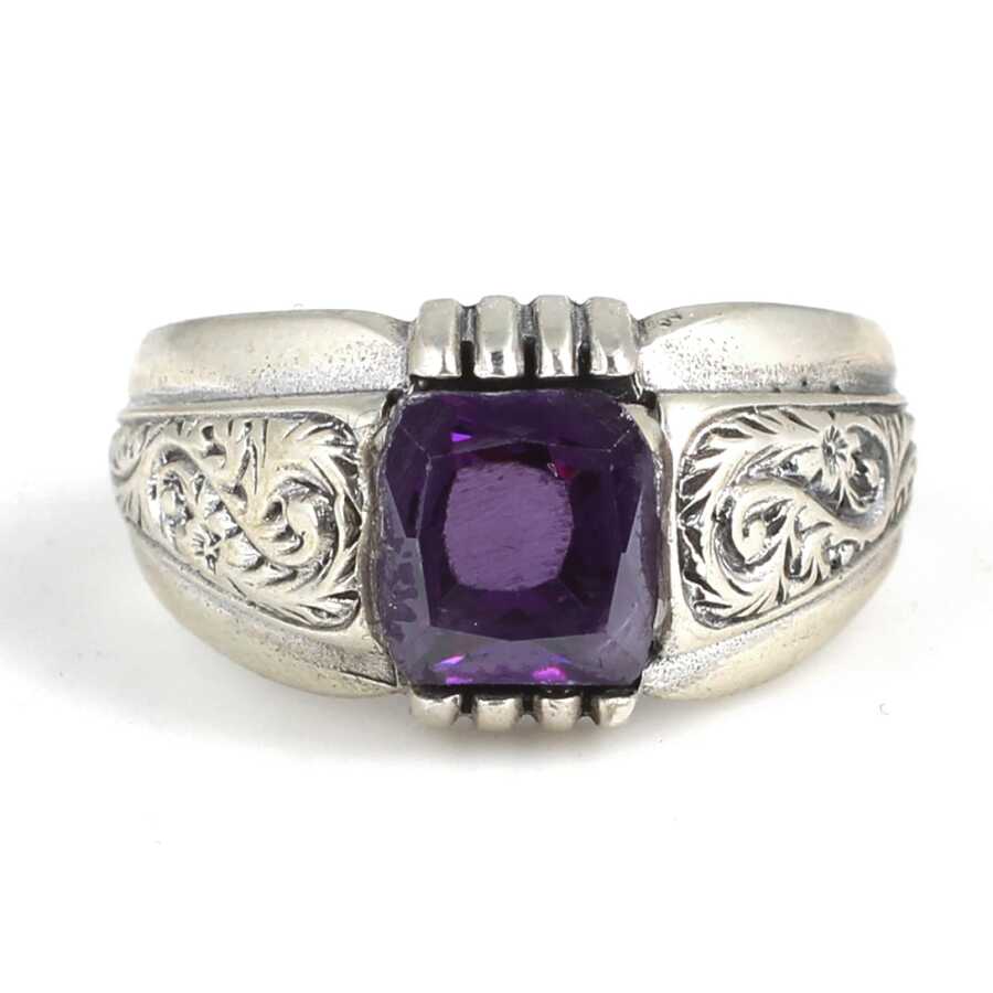 Sterling Silver Emerald Cut Amethyst Patterned Mens Ring