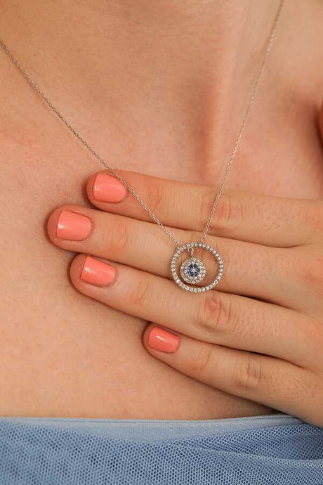 Sterling Silver Evil Eye Hoop Necklace - Zircon Gemstone