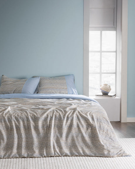 Double 100% Cotton Crepe Textured Duvet Cover Set - Blue & Beige Printed Design