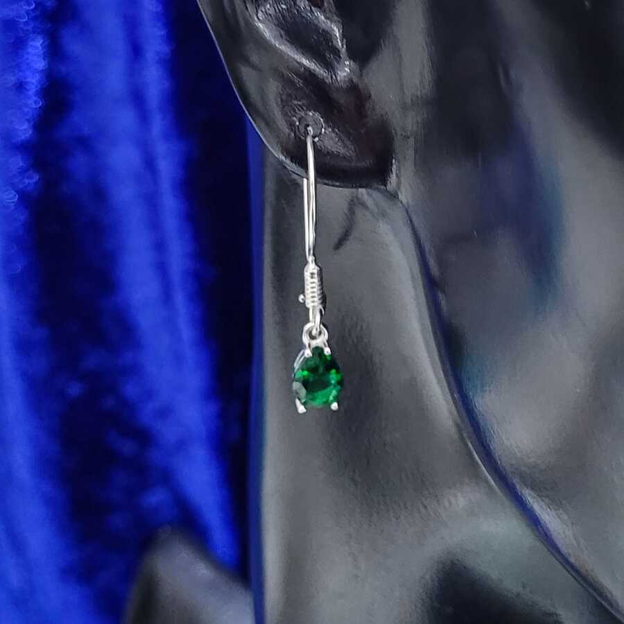 Petite Sterling Silver Dangle Earrings - Synthetic Emerald Teardrop