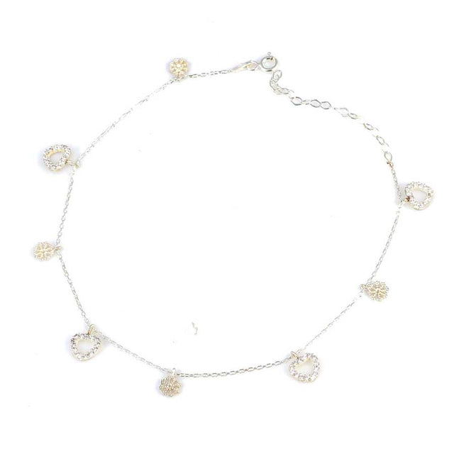 Sterling Silver Heart & Snowflake Zircon Anklet