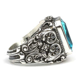 Bague pour homme en argent sterling 925 gravée à la main avec aigue-marine