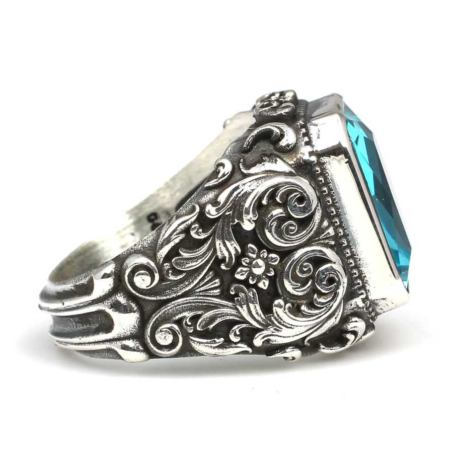 Bague pour homme en argent sterling 925 gravée à la main avec aigue-marine
