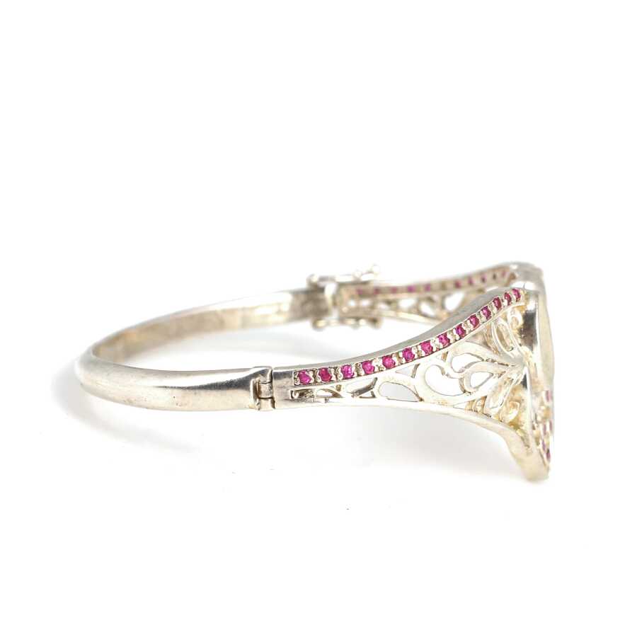 925 Sterling Silver Filigree Heart Bracelet with Red Zircon