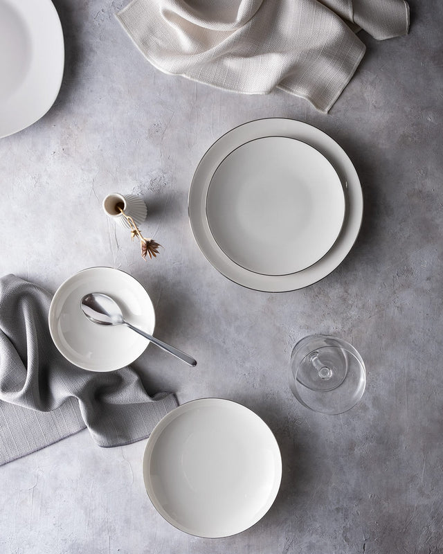 New Bone China 6-Person Dinnerware Set - Ravello White & Silver Trim