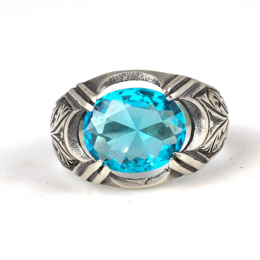Premium Sterling Silver Oval Aquamarine Mens Ring