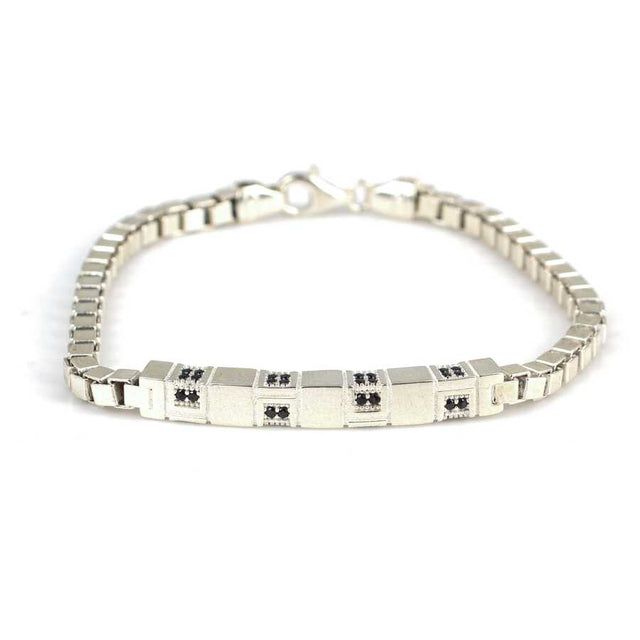 Sterling Silver Labyrinth Cube Chain Bracelet - Black Zircon
