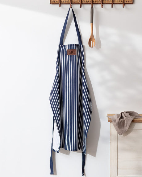 Premium 100% Cotton Kitchen Apron - Navy Blue & White Striped Design