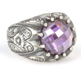 Sterling Silver Men's Ring - Hand-Engraved with Synthetic Amethyst