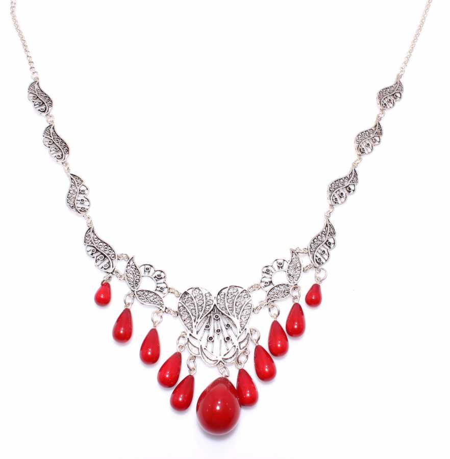 Handcrafted Sterling Silver Filigree Teardrop Coral Necklace