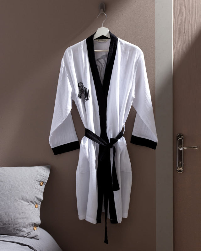 100% Cotton Muslin Bathrobe - Lightweight Black/White