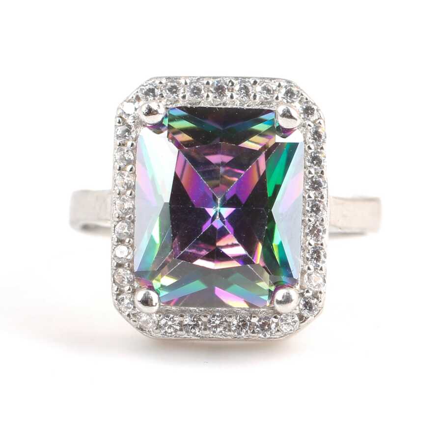 Sterling Silver Mystic Topaz & Zircon Rectangular Entourage Ring