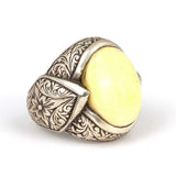 925 Sterling Silver Men's Ring - Hand-Engraved Ivory Oval Stone