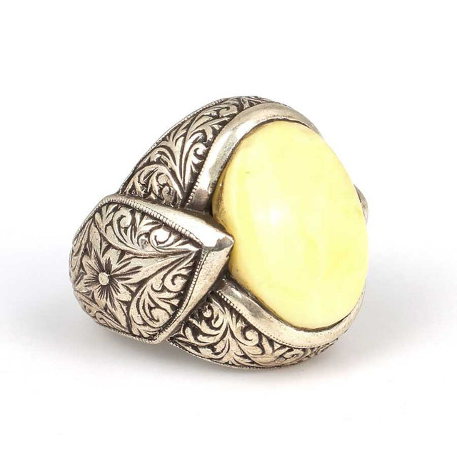 925 Sterling Silver Men's Ring - Hand-Engraved Ivory Oval Stone