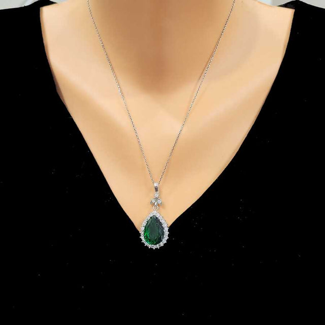 Sterling Silver Teardrop Synthetic Emerald Halo Pendant Necklace