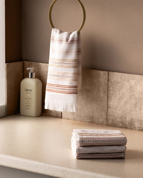 Set of 4 Cotton Hand Towels - White & Beige Bathroom Towel Pack