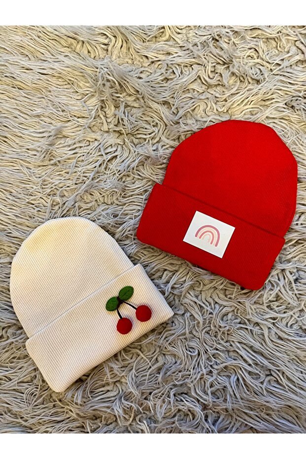 2 - Pack Kids' Cotton Beanies - Cherry & Rainbow Design - TryAladdin