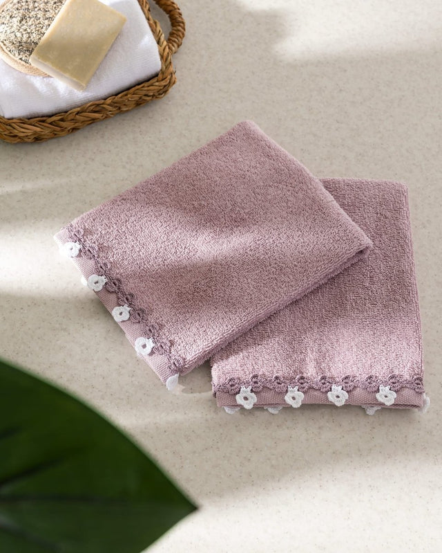 2 - Piece 100% Cotton Hand Towel Set with Crocheted Trim - Lilac - TryAladdin