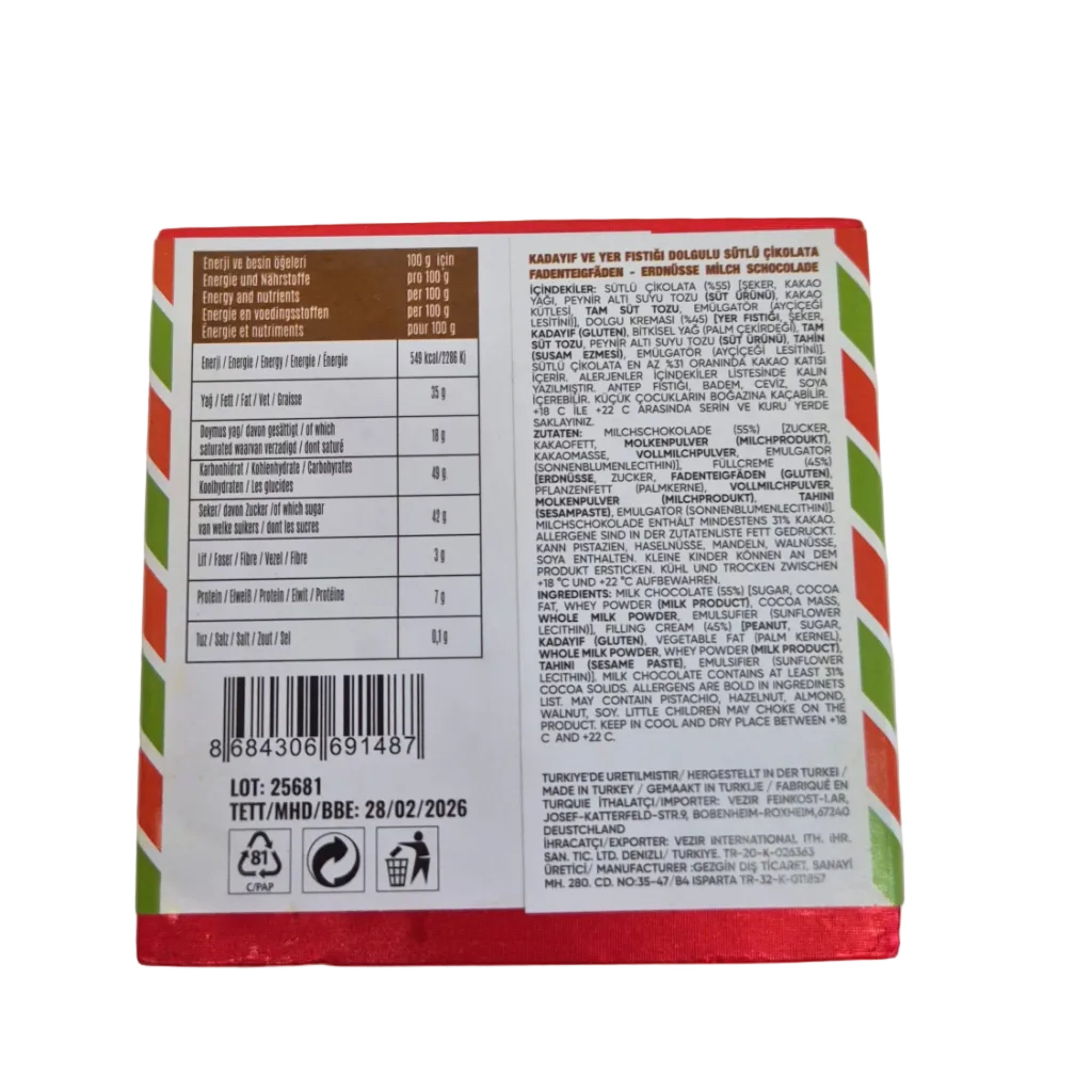 Erdnuss-Praline Dubai Schokoladenriegel - Knuspriges & Nussiges Vergnügen