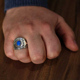925 Sterling Silver Men's Ring with Oval Synthetic Lapis Stone