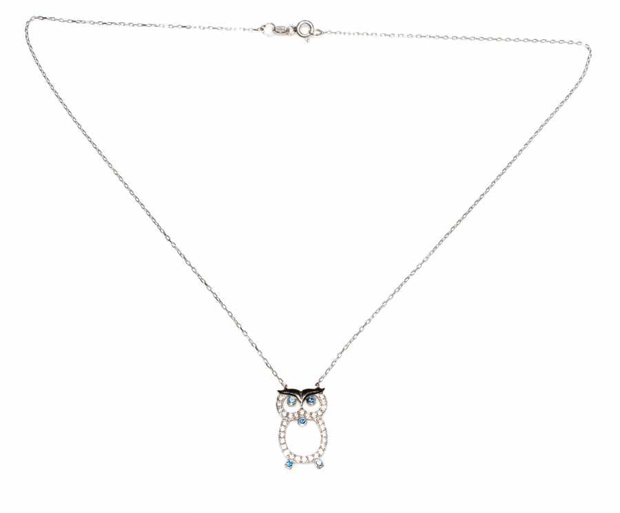 Sterling Silver Owl Pendant Necklace - White Zircon & Wisdom Symbol