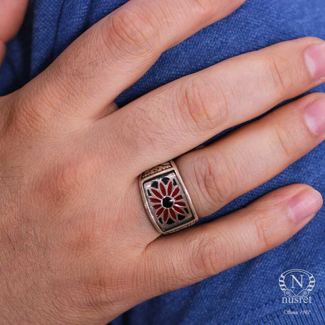 925 Sterling Silver Men's Ring - Red & Black Enamel Flower Motif