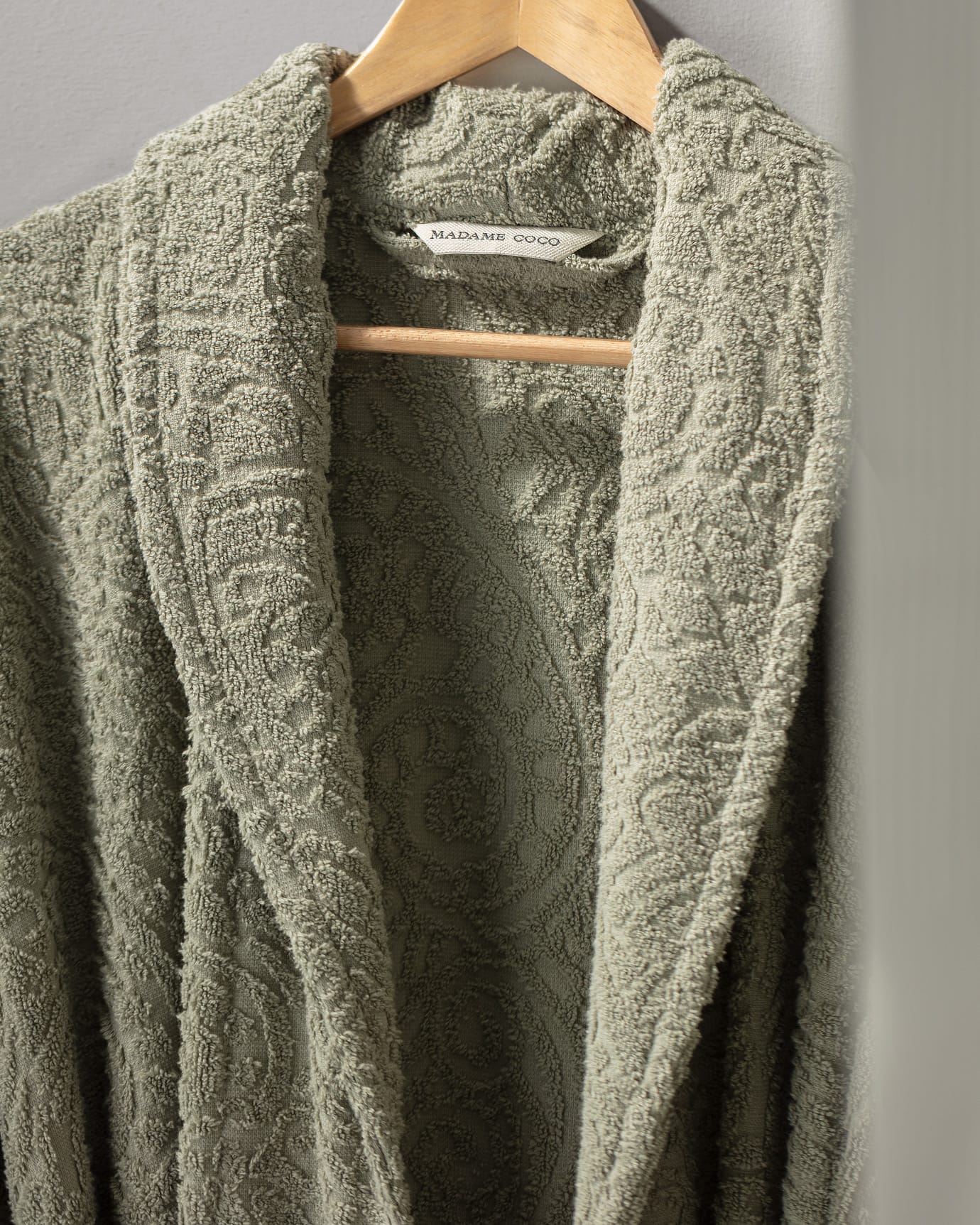 Peignoir unisexe 100 % coton jacquard à col châle, kaki
