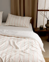 Full Size Washed Seersucker Striped 100% Cotton Duvet Cover Set - White & Coral