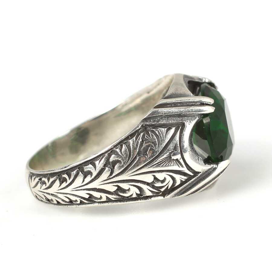 Sterling Silver Men's Ring - Oval Faceted Synthetic Emerald
