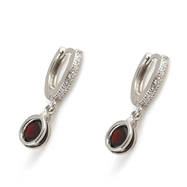 925 Sterling Silver Round Garnet & Zircon Dangle Hoop Earrings