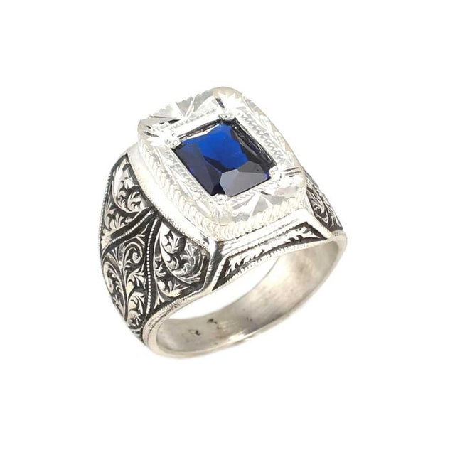 Premium 925 Sterling Silver Hand Engraved Men's Ring with Navy Stone