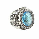 Sterling Silver Men's Aquamarine Ring - Hand-Carved Rose Motif