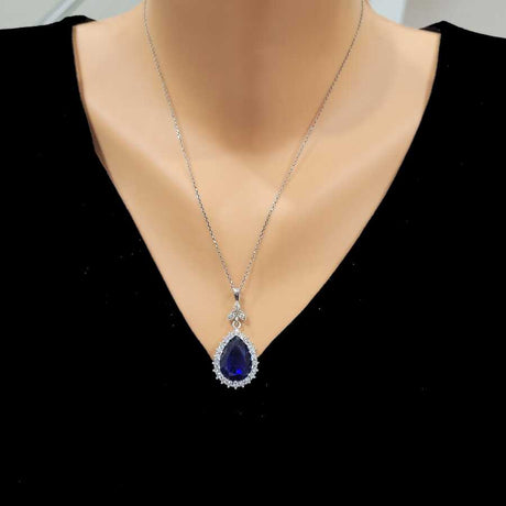 Sterling Silver Teardrop Zircon & Synthetic Sapphire Halo Necklace