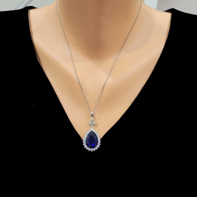 Sterling Silver Teardrop Zircon & Synthetic Sapphire Halo Necklace