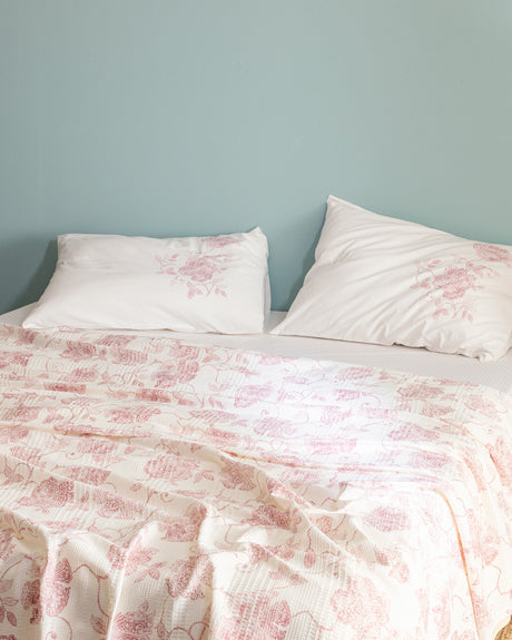 King Size Cotton Pique Bedding Set - Printed Design - Blush Pink