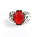 Men's 925 Sterling Silver Oval Synthetic Ruby Engraved Ring