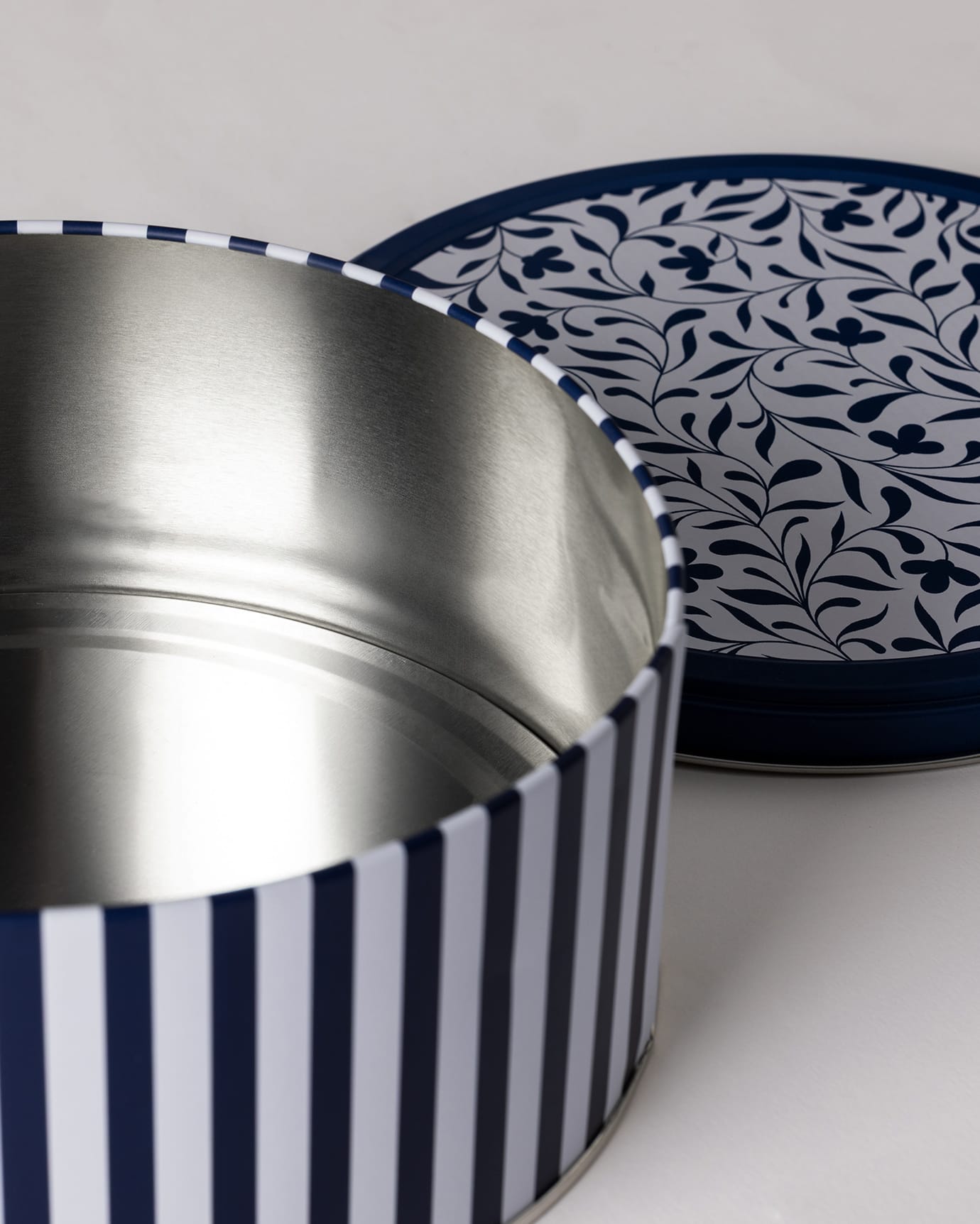 Metal Round Storage Box - Blue & White Decorative Design