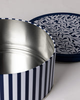 Metal Round Storage Box - Blue & White Decorative Design