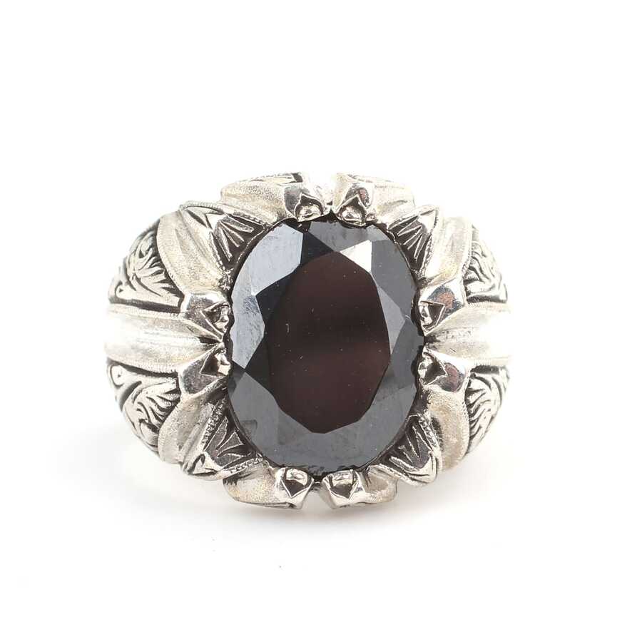 Bague homme ovale en onyx en argent sterling 925 - Détail fait main